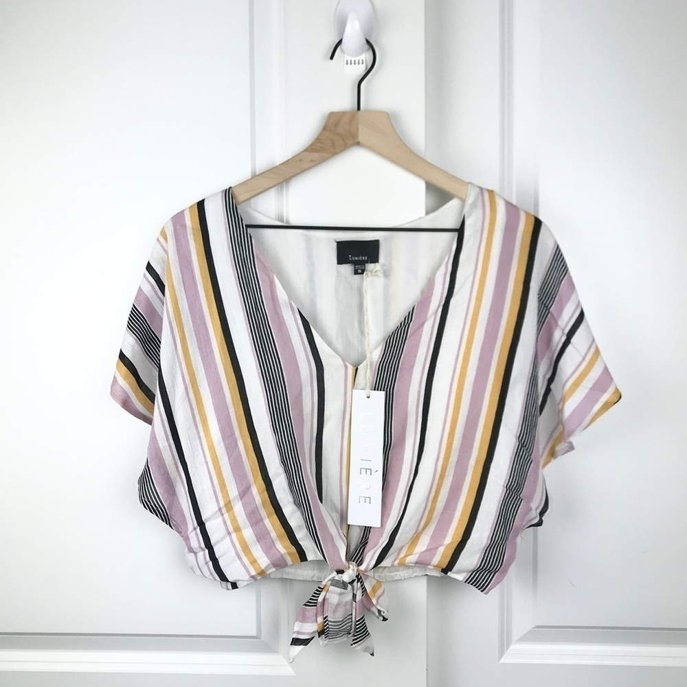 NWT Lumiere V-Neck Stripe Print Front Tie Top- S - Picture 3 of 10